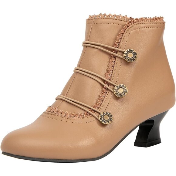 Shoes - Women's Nude Ankle Boots Low Heels Lace Buttons Round Toe Side Zipper
